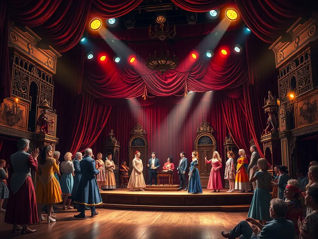 A vibrant stage scene with actors in costume rehearsing for an upcoming theatrical performance at THEATRE ANTIOCHE. The lighting is dramatic, highlighting the energy and creativity of the performers.