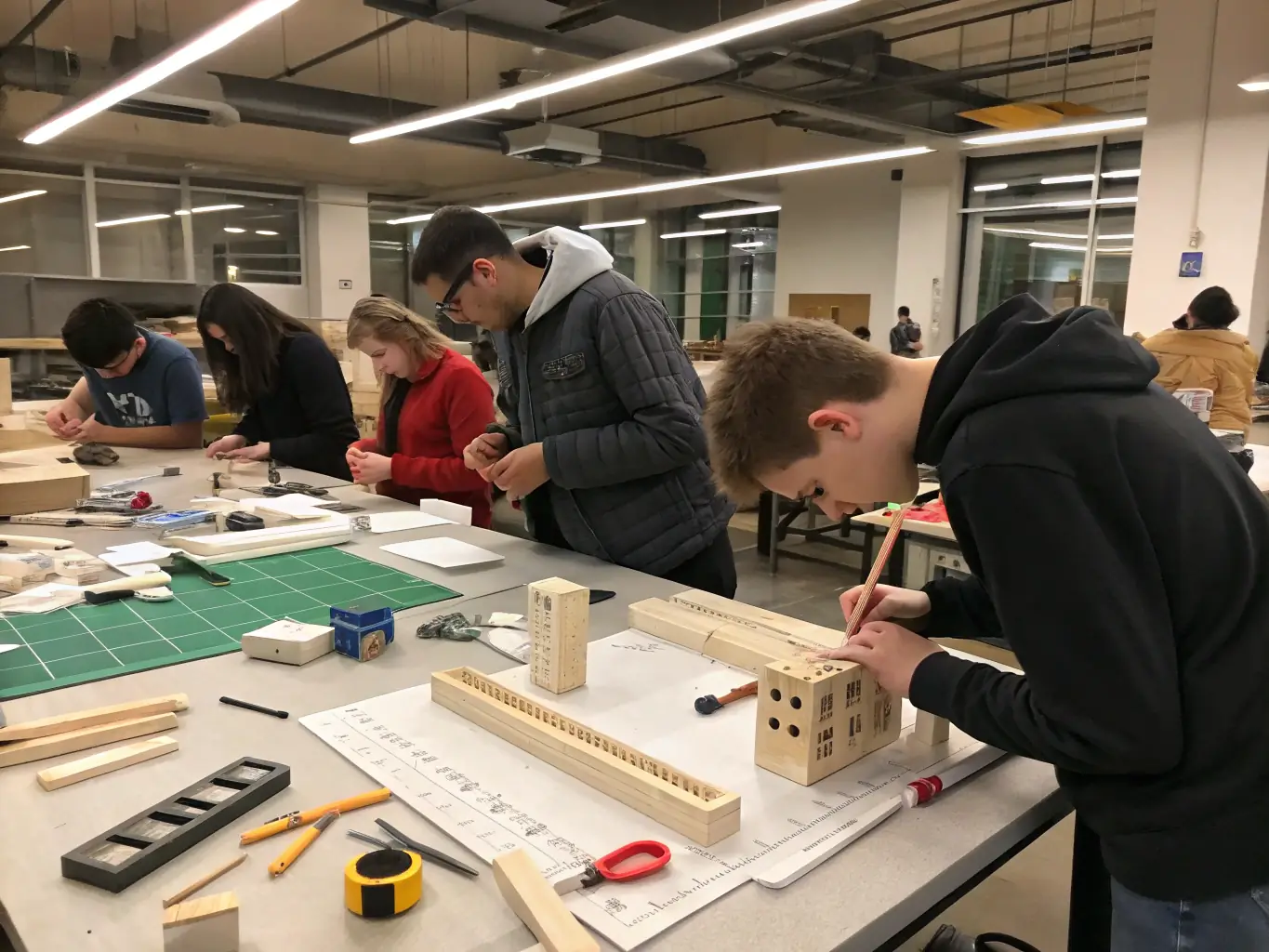A group of participants actively engaged in a stagecraft workshop at THEATRE ANTIOCHE, learning about set design and construction. The atmosphere is collaborative and hands-on.