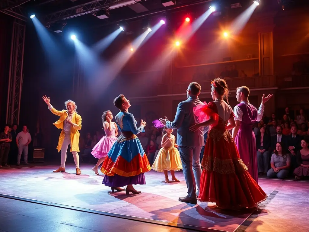 A photograph capturing a scene from a past theatrical performance by THEATRE ANTIOCHE, featuring actors in costume on stage with dramatic lighting.