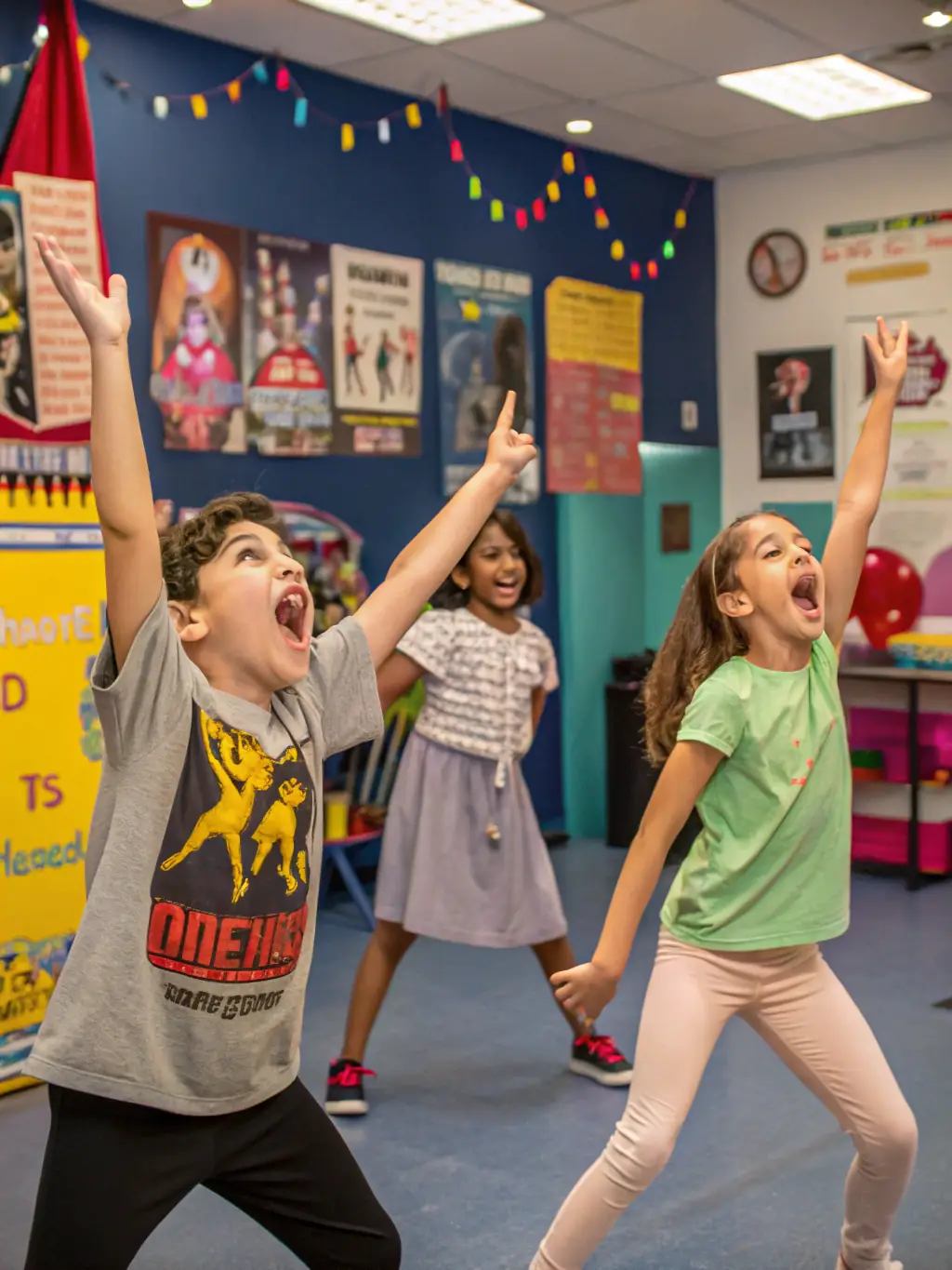 A photo of children participating in a THEATRE ANTIOCHE acting workshop, showing them laughing and engaged in a theatrical exercise.