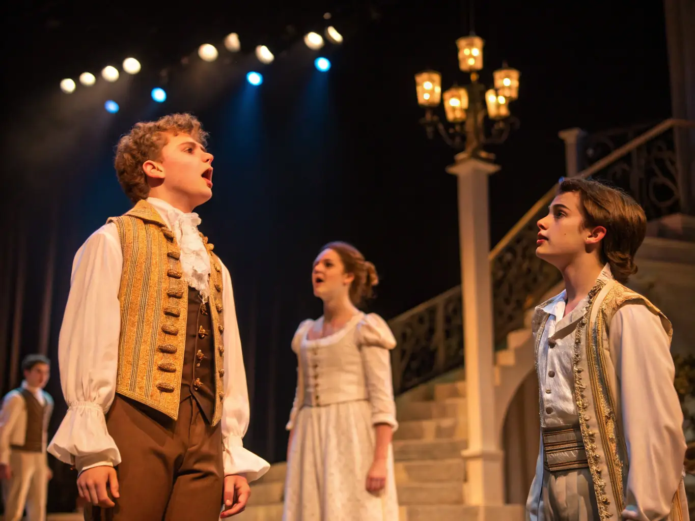 A vibrant stage scene with actors performing in front of an engaged audience, capturing the energy and emotion of live theatre.