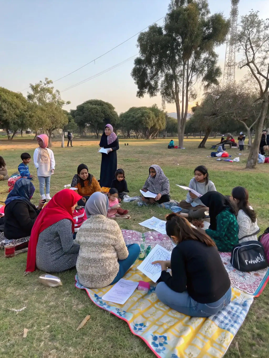 A picture of community members attending a THEATRE ANTIOCHE community outreach event, enjoying a free performance in a local park.