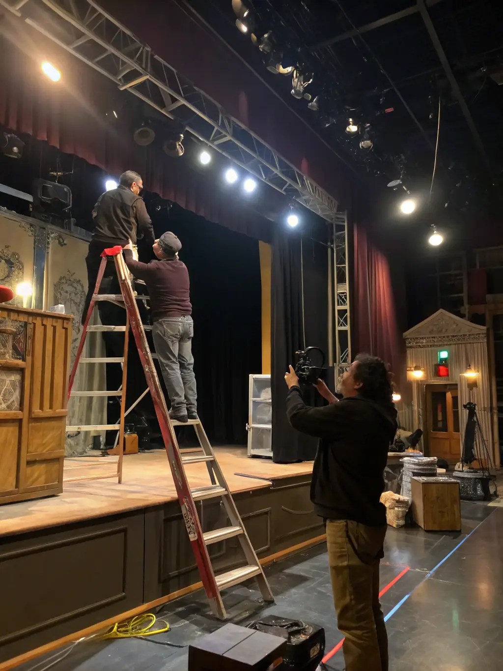 An image of THEATRE ANTIOCHE volunteers working backstage, preparing sets and costumes for an upcoming performance.