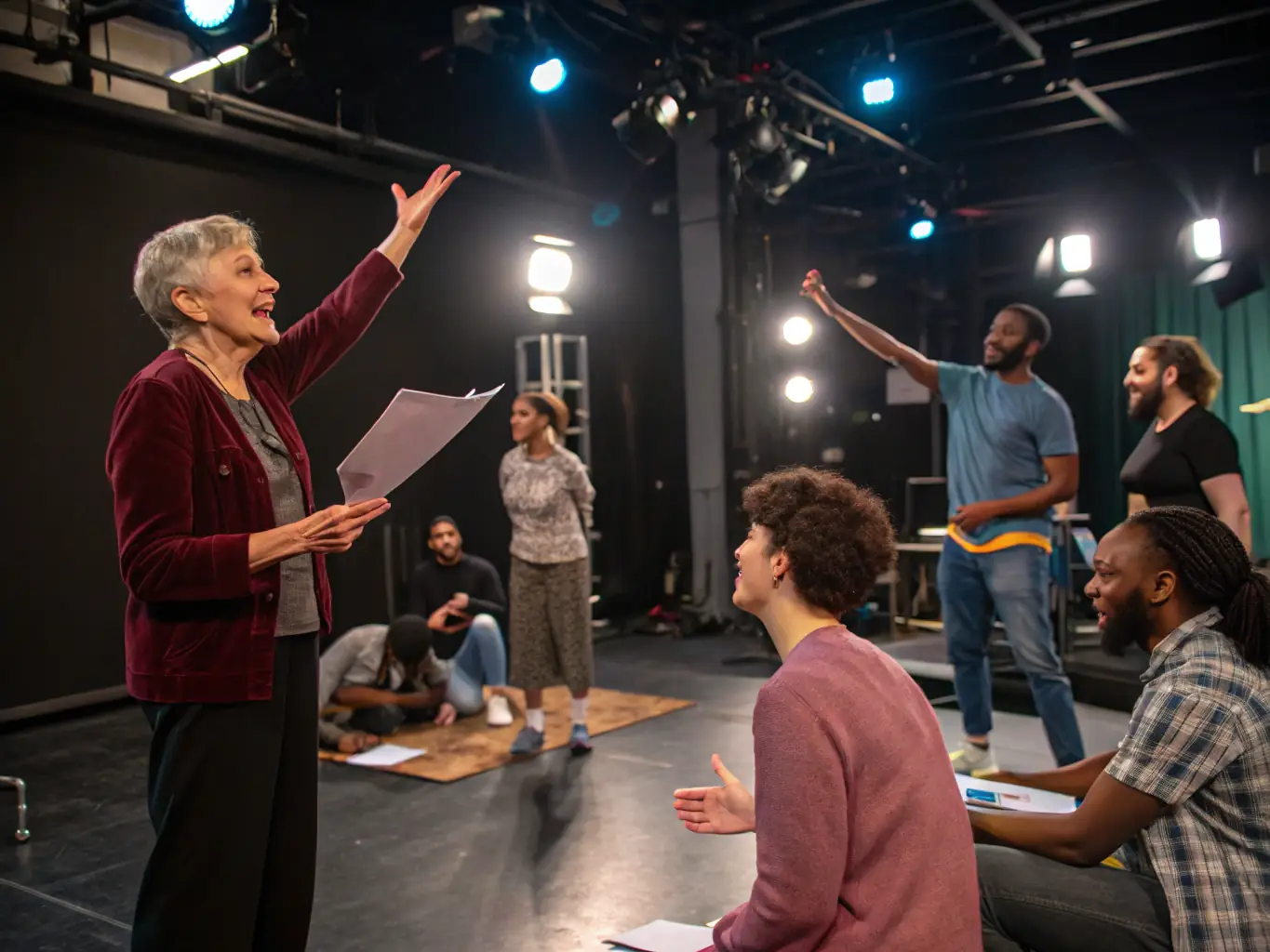 A photograph of participants engaged in a theatre workshop at THEATRE ANTIOCHE, showing them actively learning and practicing stagecraft techniques.