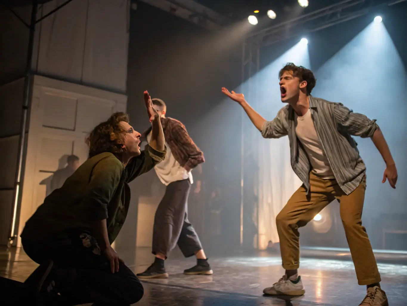 A vibrant image of actors performing a scene from a recent THEATRE ANTIOCHE production, showcasing the energy and creativity of the theatrical performances program.