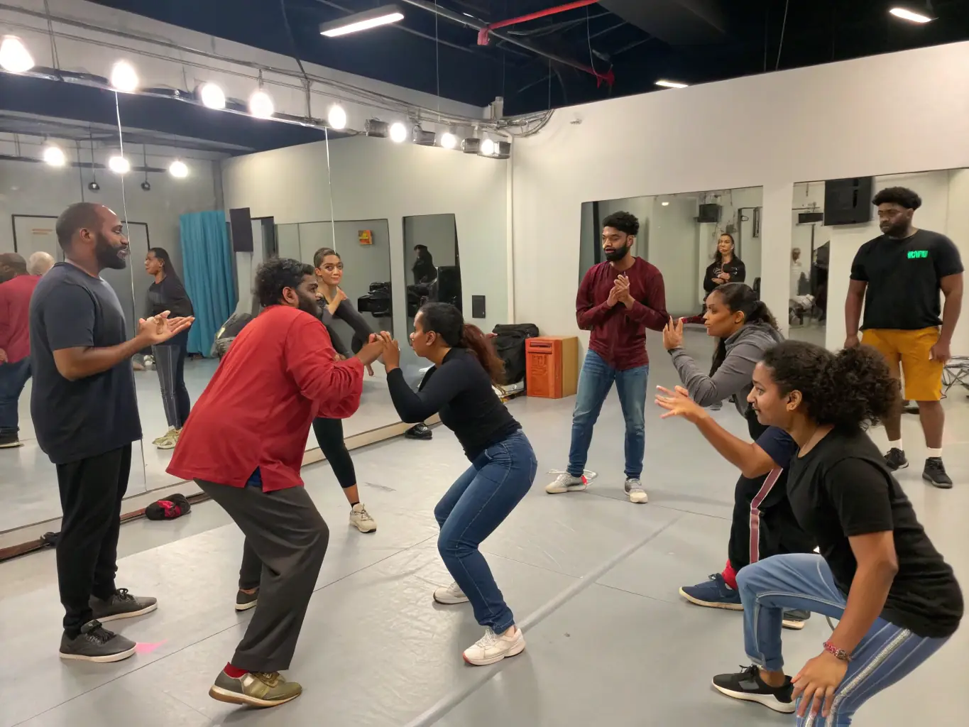 A group of participants actively engaged in a theatre workshop, practicing acting techniques under the guidance of an instructor.